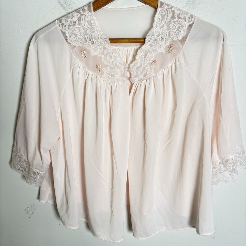 Vintage Shadowline Pink Semi-Sheer Nylon Lace Trim Bed Jacket Medium[